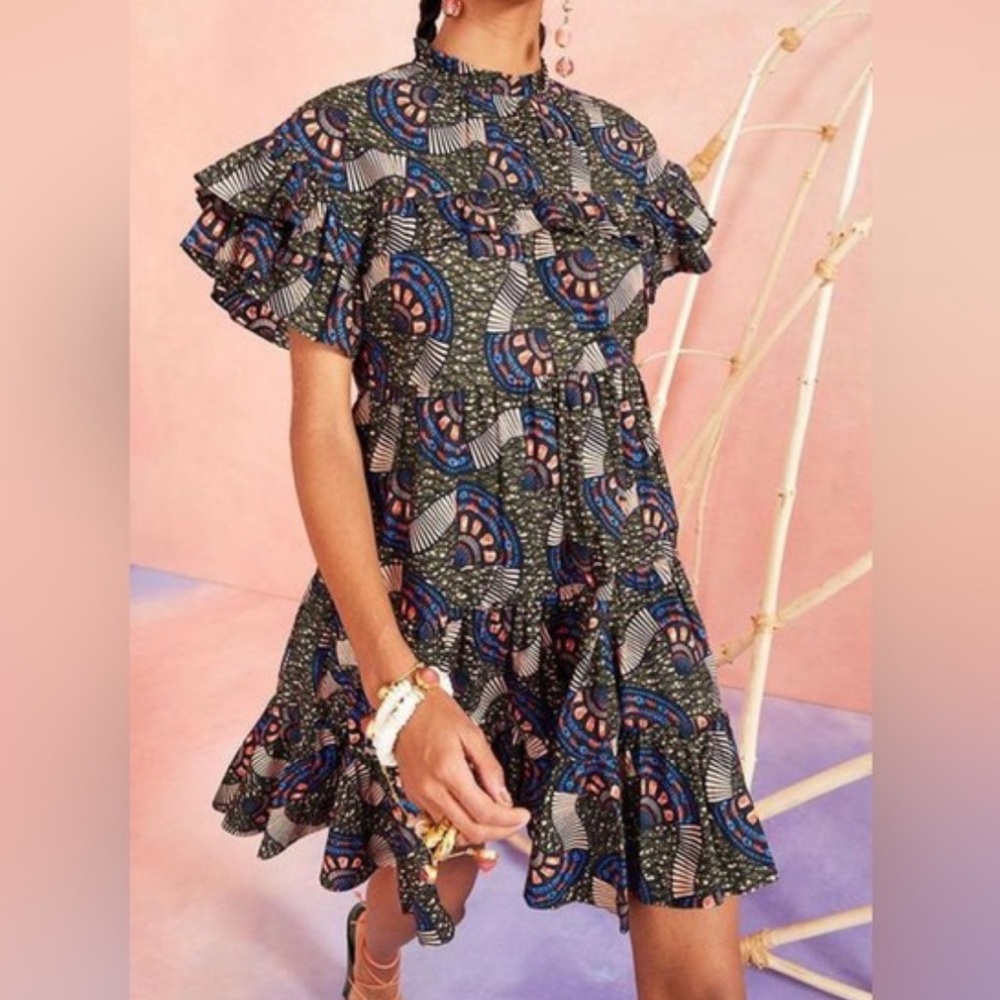 Ulla Johnson Navy and Pink Ruffle Dress